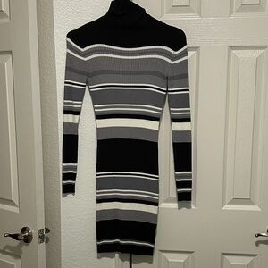 Venus Striped Black and Gray Turtleneck Dress
